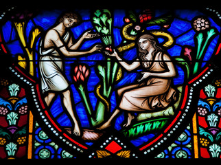 Adam and Eve in the Garden of Eden - stained glass