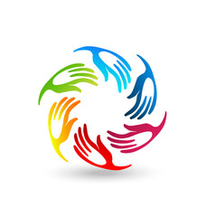 Teamwork rainbow hands logo concept vector