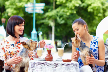 beautiful girls with pets sitting in street cafe