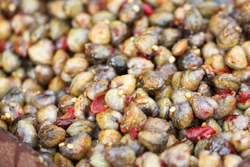 Freshwater clams mix with spicy sauce.