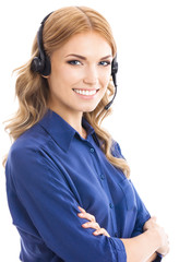Support phone operator in headset, isolated
