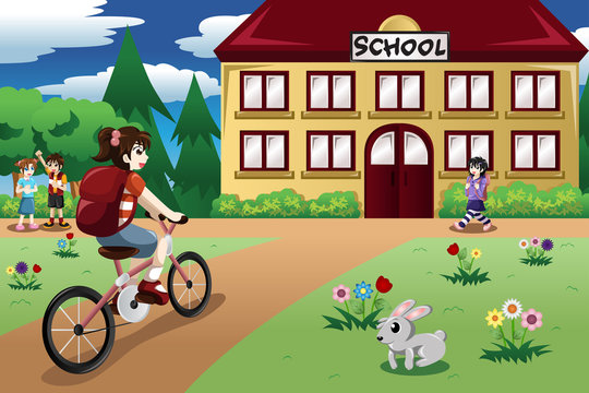 Elementary student girl riding a bike to school