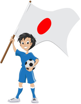 Happy soccer fan holds Japanese flag