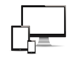 Computer monitor, tablet and mobile on a white background