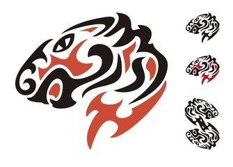 Tribal tiger head. Black and red on the white