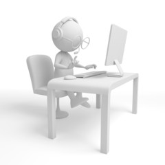 3d white character. Operator - programmer. Isolated on white