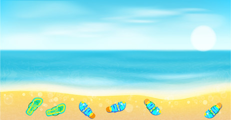 Beach, sea,sand  and bright beach shoes.Summer  background.