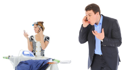 Couple is arguing while talking over the telephone