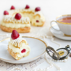 Slice of Paris-Bresr Cake with Strawberries