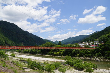 新緑の渓谷にかかるつり橋