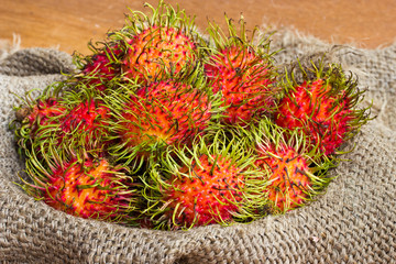 asian fruit rambutan on sack from Thailand