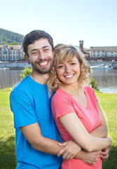 Couple in colorful shirts in love