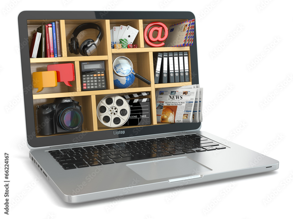 Poster Cloud computing concept. Laptop's software and capabilities.