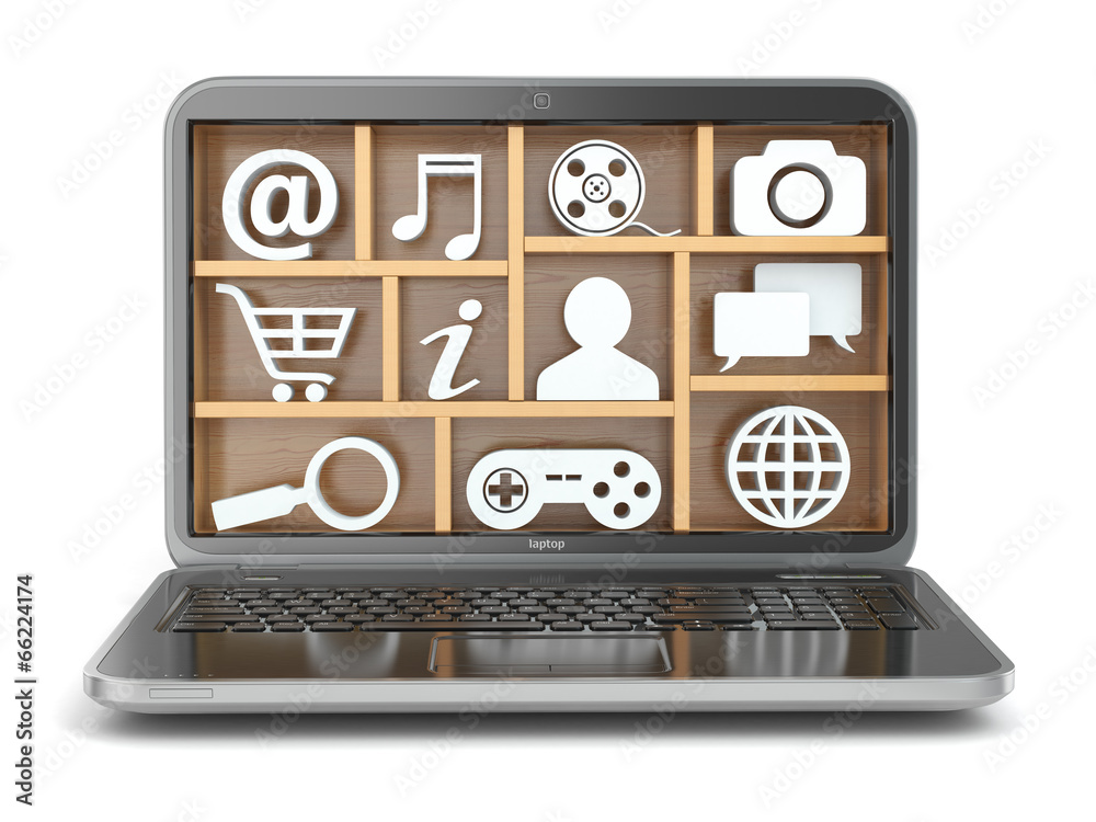 Poster Cloud computing concept. Laptop's software and capabilities.