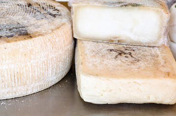 cheeses on a desk of a market in italy