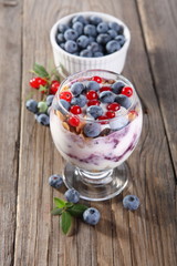 Yogurt with granola and blueberries