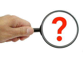 Magnifying glass with red question mark on white background