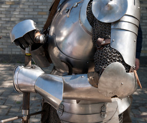 Naklejka premium knight in the ancient metal armor close up