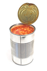 Open tin can of beans isolated on white
