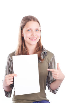 Happy teen girl with blank card