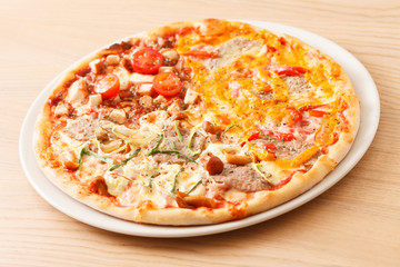 pizza on wood background