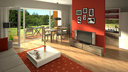 rendering of a modern living room with open kitchen
