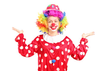 Female clown gesturing with hands