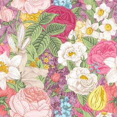 Image of Seamless vector vintage pattern with garden colorful flowers. printed on Printed Glass Splashbacks
