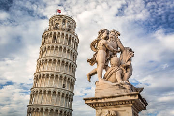 Leaning Tower of Pisa and monuments  on blue sky background