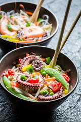 Traditional dish with seafood and noodles