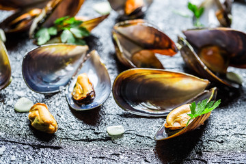 Mussels served with garlic and parsley