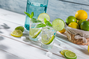 Cold lemonade with mint leaf in sunny garden