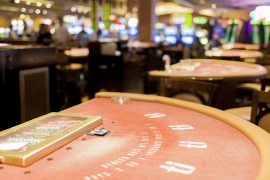 Closeup of Red Casino Gaming Table in Las Vegas City