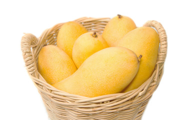 closeup ripe mangoes in basket