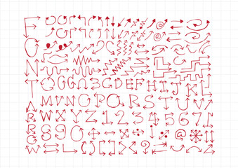 sketch arrows alphabet  , Arrow font A through Z and numbers