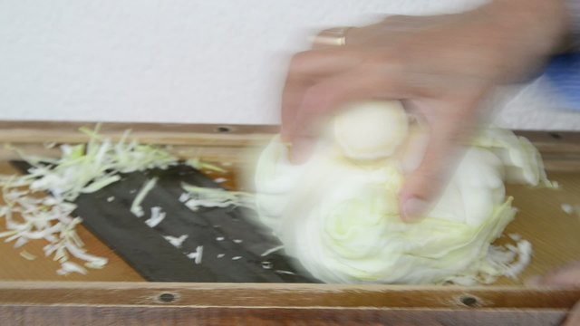 Herstellung von Sauerkraut, hobeln von Spitzkraut
