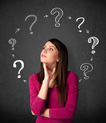 Young woman thinking with question mark circulation around her h