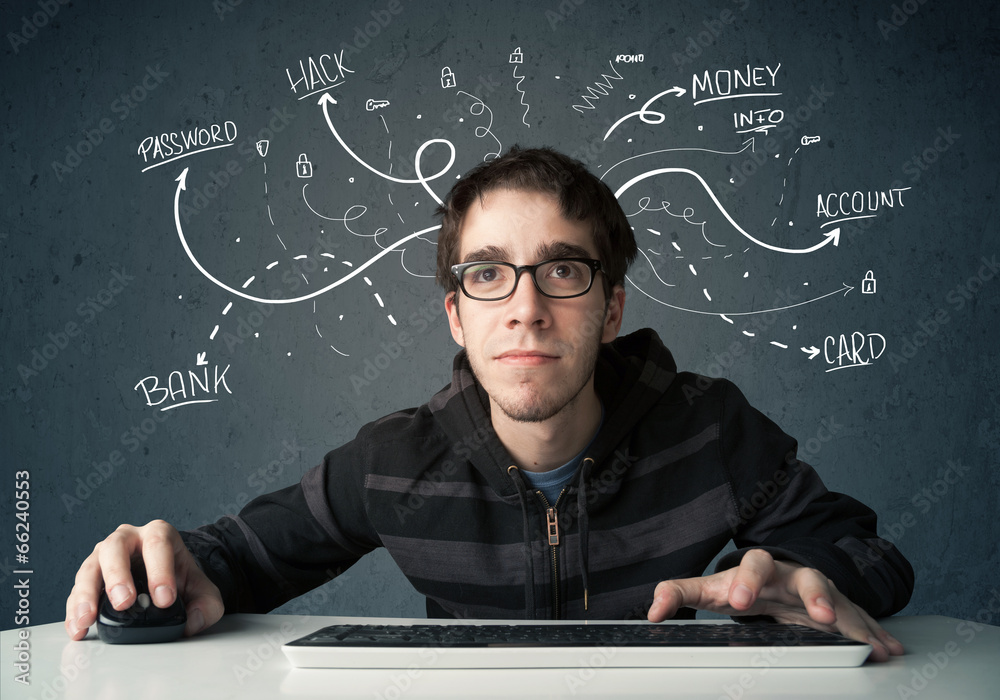 Aufkleber Young hacker with white drawn line thoughts