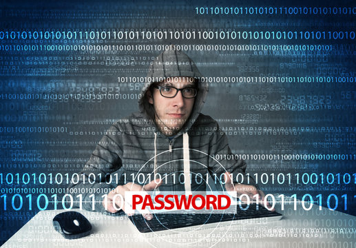 Young geek hacker stealing password