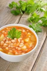 Bean soup in white bowl
