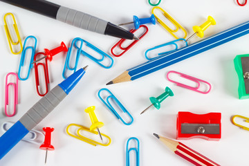 Pencil, pen, paperclips, sharpeners and pushpins