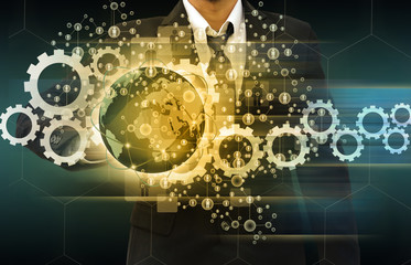 Business people holding social network with globe