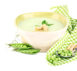 Tasty peas soup, isolated on white