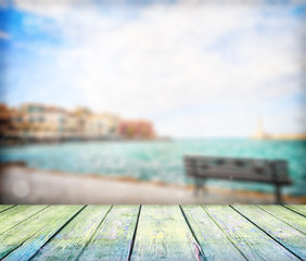 Fototapeta premium Empty wooden table. Features park, garden, nature, natural. Botanical, wildlife, outdoors concepts. Commercial stock background for advertising, editorial, branding, and print projects.