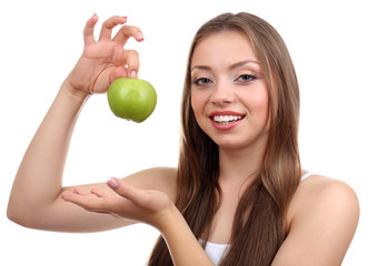 Beautiful girl with green apple, isolated on white