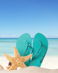Summer beach with blue sandals and shells © Jag_cz