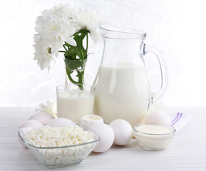 Tasty dairy products on table, close up