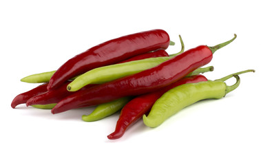 Red and green chili peppers isolated on white background