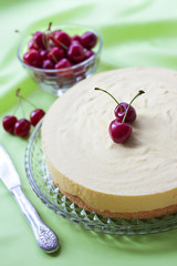 Milk souffle and white chocolate cake with fresh cherry