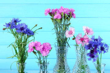 Beautiful summer flowers in vases on blue wooden background